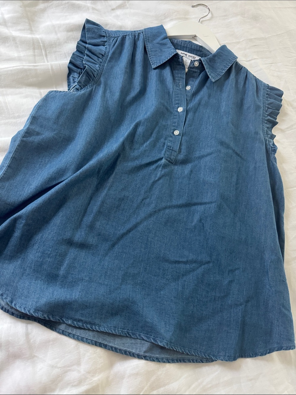 Nine West Blue Denim Ruffle-Sleeve Polo Top